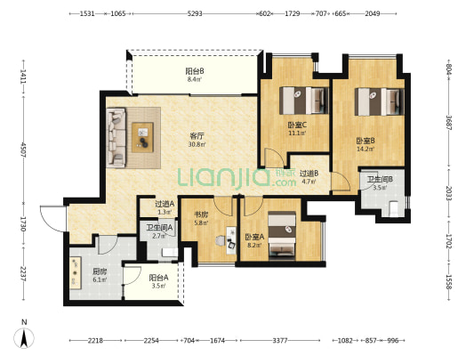 阳光城悦江山云创里 4室1厅2卫 119平方