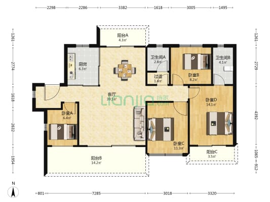 长沙北中心保利时代J区 4室1厅2卫 142平方