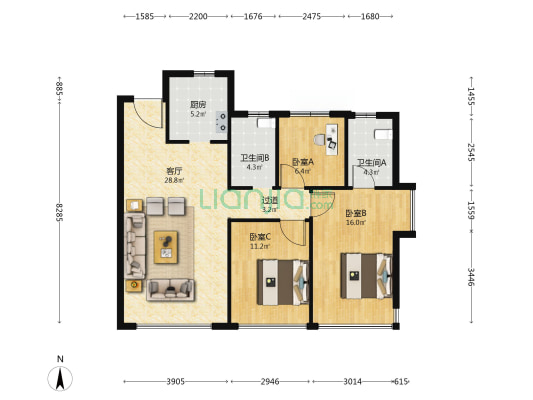 绿城·桂语听蘭二期 3室1厅2卫 108平方