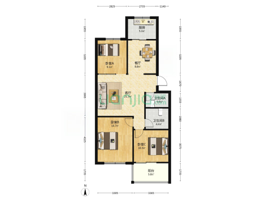 育德花园北苑 3室2厅2卫 103平方