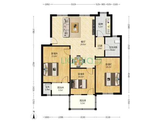武警宿舍 3室1厅2卫 108平方