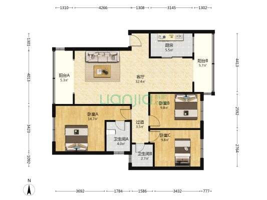 洪河北路589号院 3室1厅2卫 108平方