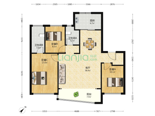 保利天珺 3室1厅2卫 140平方