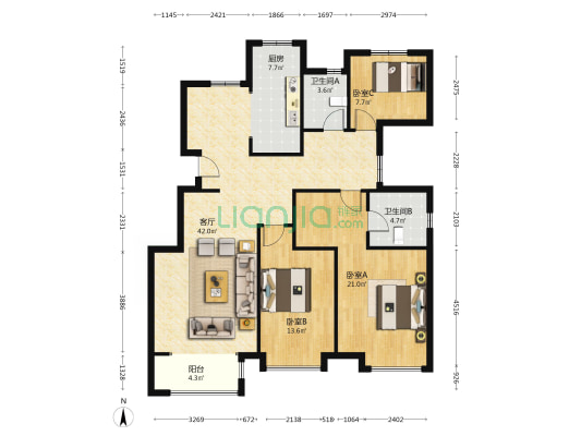 香邑溪谷玫瑰园 3室1厅 南 北-户型图