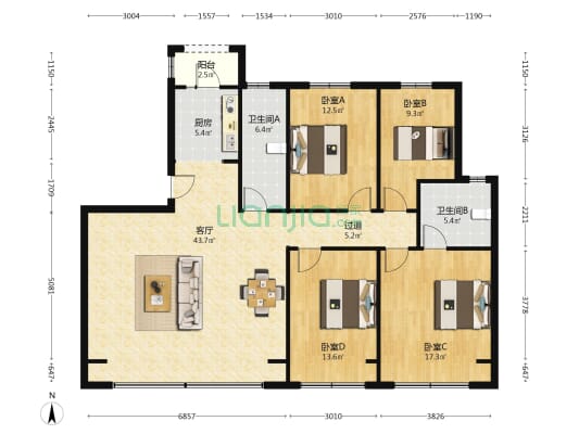 信达·时代国著 4室1厅2卫 141平方