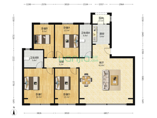 信达·时代国著 4室1厅2卫 141平方
