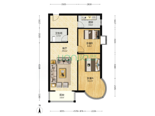 凯旋门两居 房本满税费低 看房方便-户型图