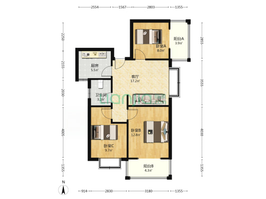 翔天万和城 3室1厅 东南-户型图