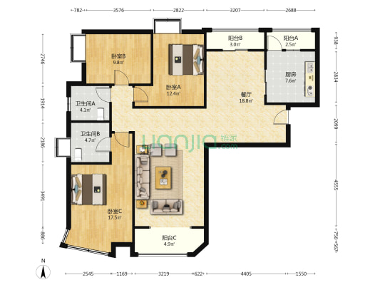御景园南北三居室双明卫设计精装修诚意出售-户型图