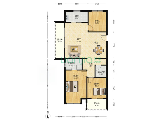 保利臻境 3室1厅2卫 130平方