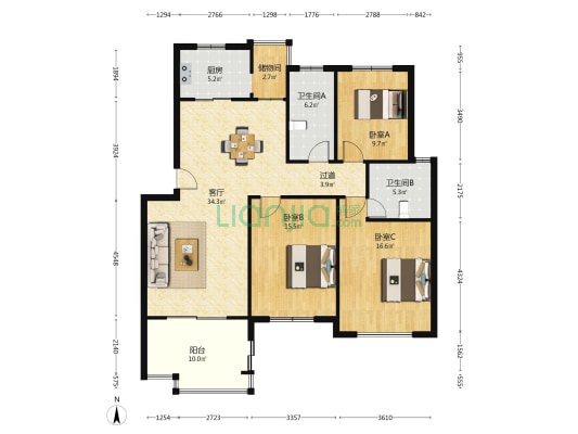 丽景花园西区 3室1厅2卫 126平方