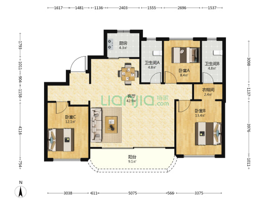 德商彰泰佳兆业翡丽天玺 3室1厅2卫 138平方