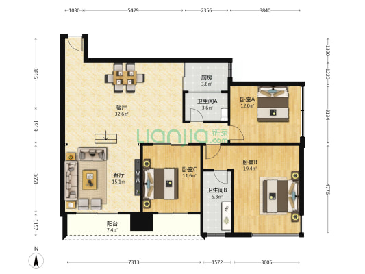 荣耀华西馨园 3室2厅2卫 140平方