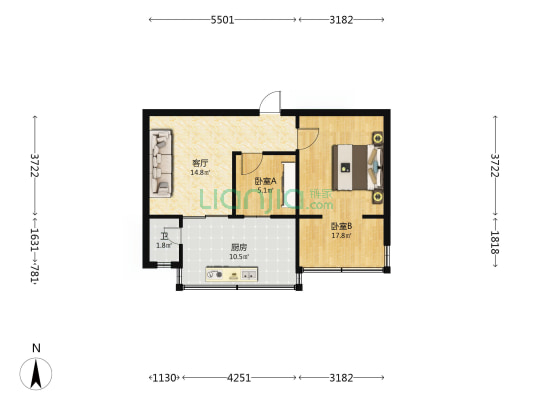 棕合小区 2室1厅1卫 53平方
