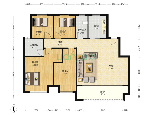 绿地花语城盛锦苑 4室1厅2卫 140平方