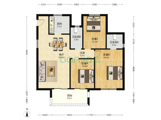 亭山万和府 3室1厅2卫 120平方