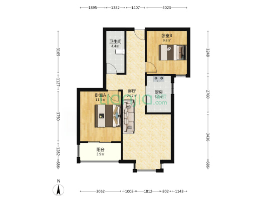 全阳两居，客厅带落地窗，采光视野好-户型图