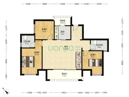 鑫苑名筑 3室1厅2卫 109平方