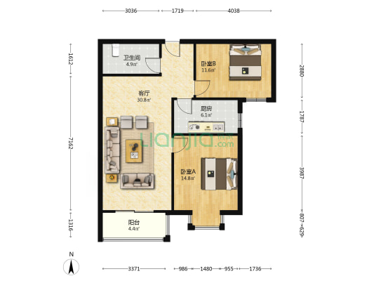 翡翠城101平中间楼层大两居49.9万-户型图