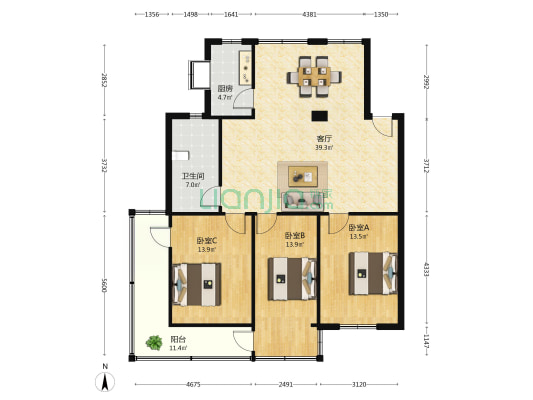 湖北省教育厅宿舍 3室1厅1卫 118平方