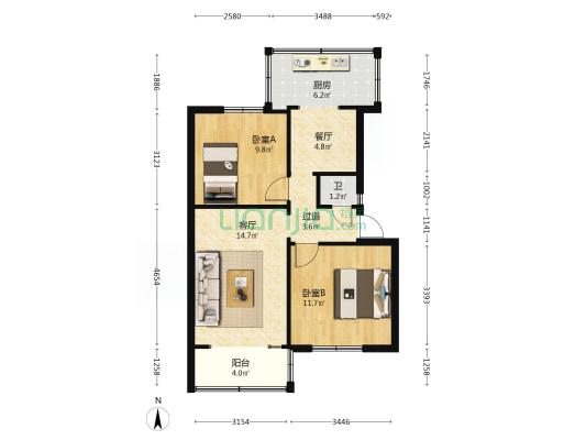 茭菱路6号小区 2室2厅1卫 51平方