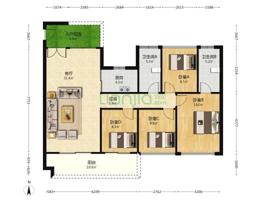 名巨伴山 4室1厅2卫 124平方