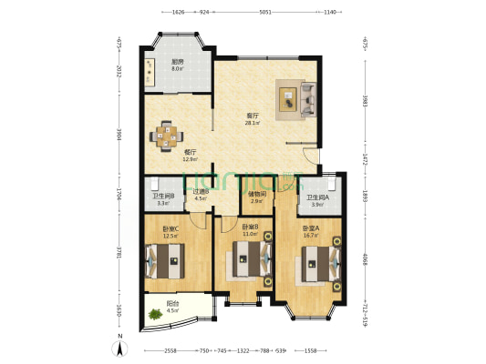 金星家苑 3室2厅2卫 129平方