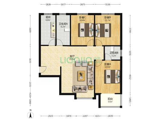 联合福邸 2室2厅 南 北-户型图