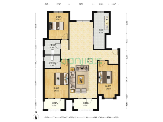 香邑溪谷玫瑰园 3室2厅 南 北-户型图