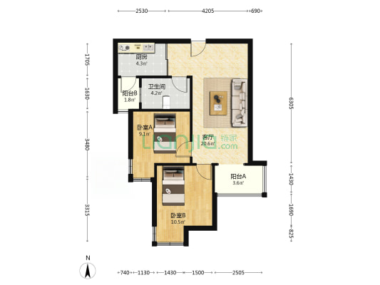 天伦湾一期 2室1厅 南-户型图