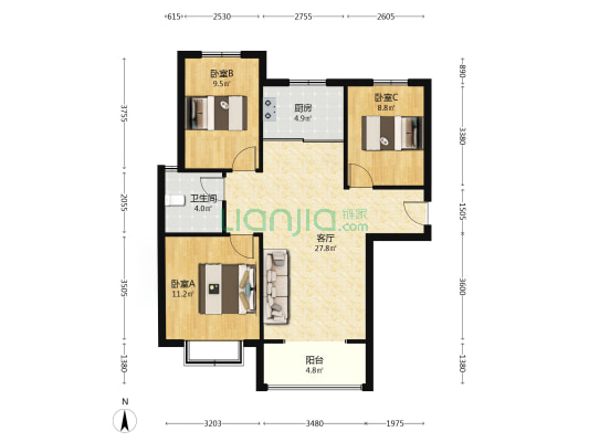 天伦湾一期 3室2厅 南 北-户型图