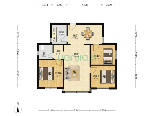 搪瓷公司住宅楼 3室2厅1卫 85平方