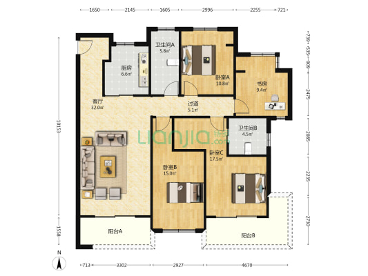 湖西银座 4室1厅2卫 148平方