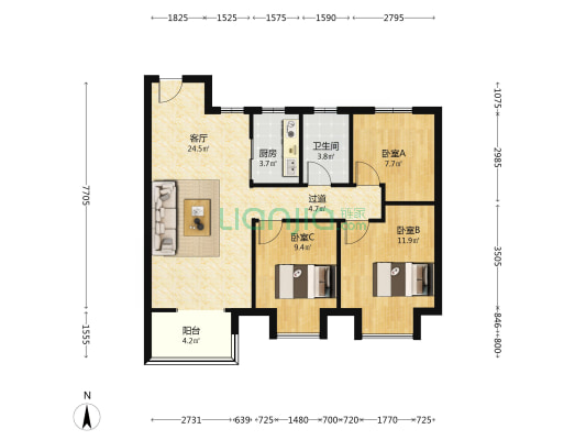 中法企业中心绿景香颂 3室1厅1卫 93平方
