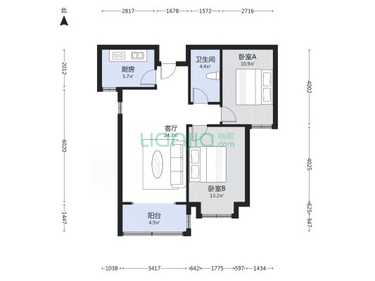 中层 毛坯 两居 満二 看房方便 不临街-户型图