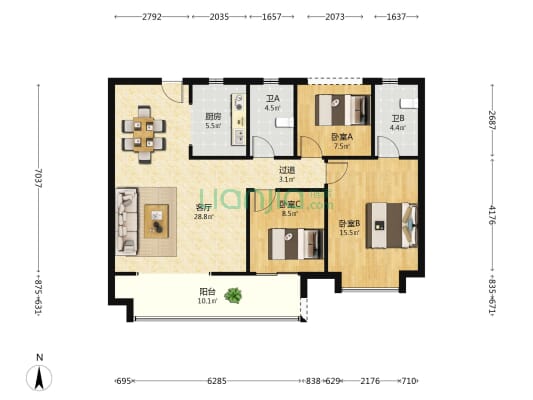 中国铁建・瀚澜湾 3室1厅2卫 108平方