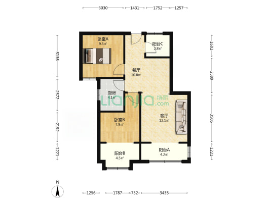 出售天保绿城2居 楼层好采光无遮挡-户型图