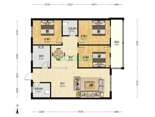 花卉西二路 3室2厅2卫 123平方
