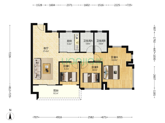 保利琅悦 3室1厅2卫 89平方