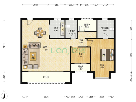 远洋天铂 2室1厅2卫 141平方