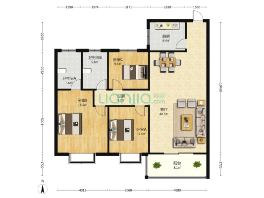 佰仕达花园 3室1厅2卫 137平方