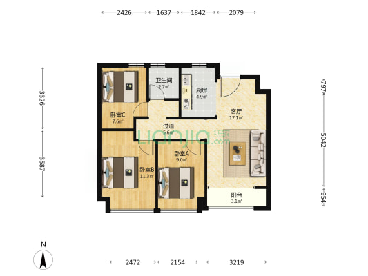 天津兰园 3室1厅1卫 89平方