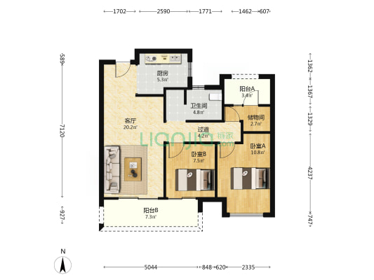 雅宝龙湖春江天玺 2室1厅1卫 88平方