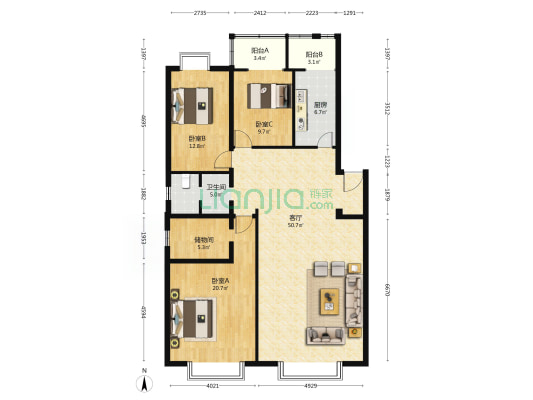 沙河阳光 3室1厅1卫 141平方