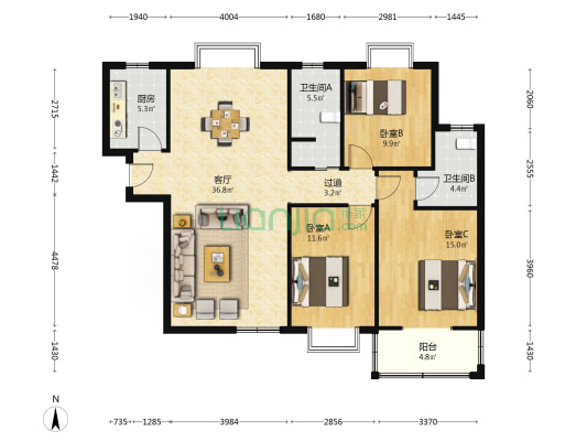 新华苑小区 3室1厅2卫 133平方
