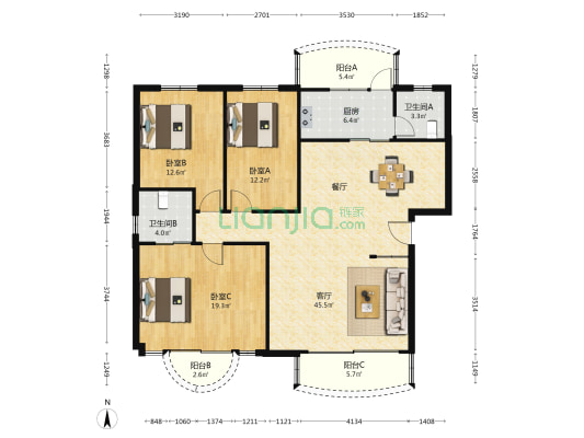 大石房管交易中心宿舍 3室1厅2卫 131平方