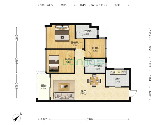 碧桂园铂悦府 3室1厅2卫 90平方