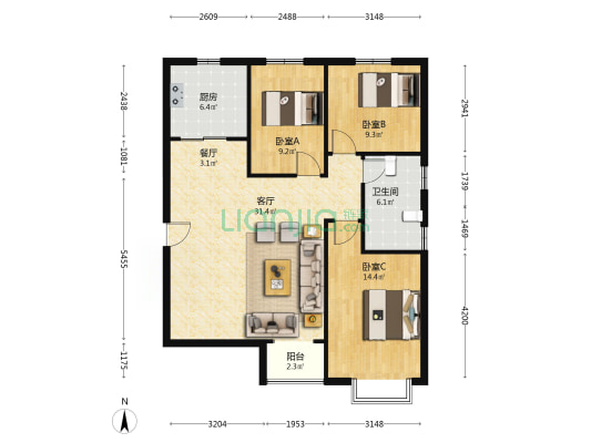 内部有幼儿园西丁的房本满二 视野好南北通透采光好-户型图