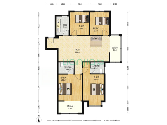 润金花园 4室1厅2卫 144平方