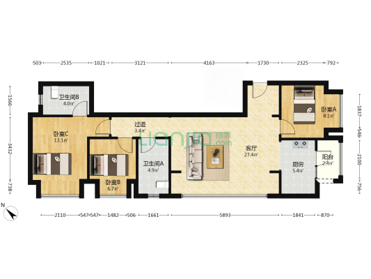 龙湖青云阙 3室1厅2卫 95平方